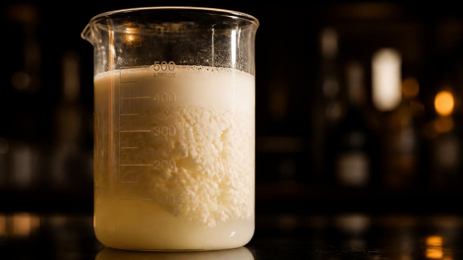 Milch gerinnt während der Klärung in einem Becherglas auf dem Bartresen