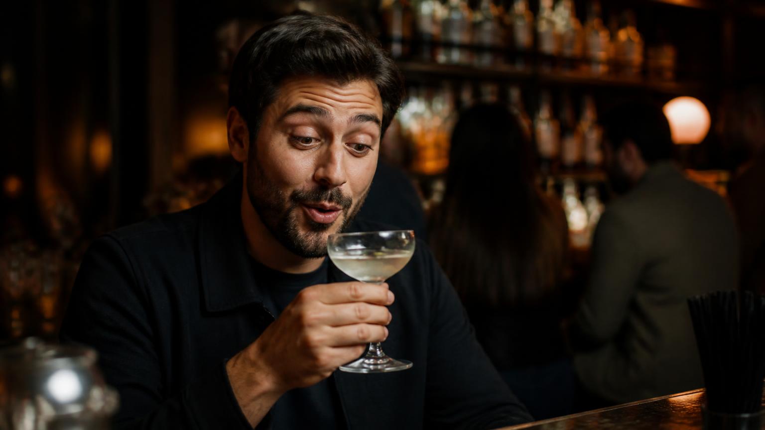 Gast probiert überrascht einen glasklaren Cocktail an der Bar